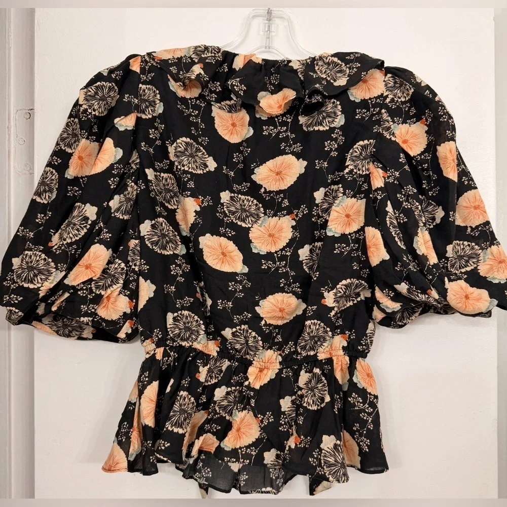 Ulla Johnson Nadya Short Sleeve Blouse Noir Floral Size 2